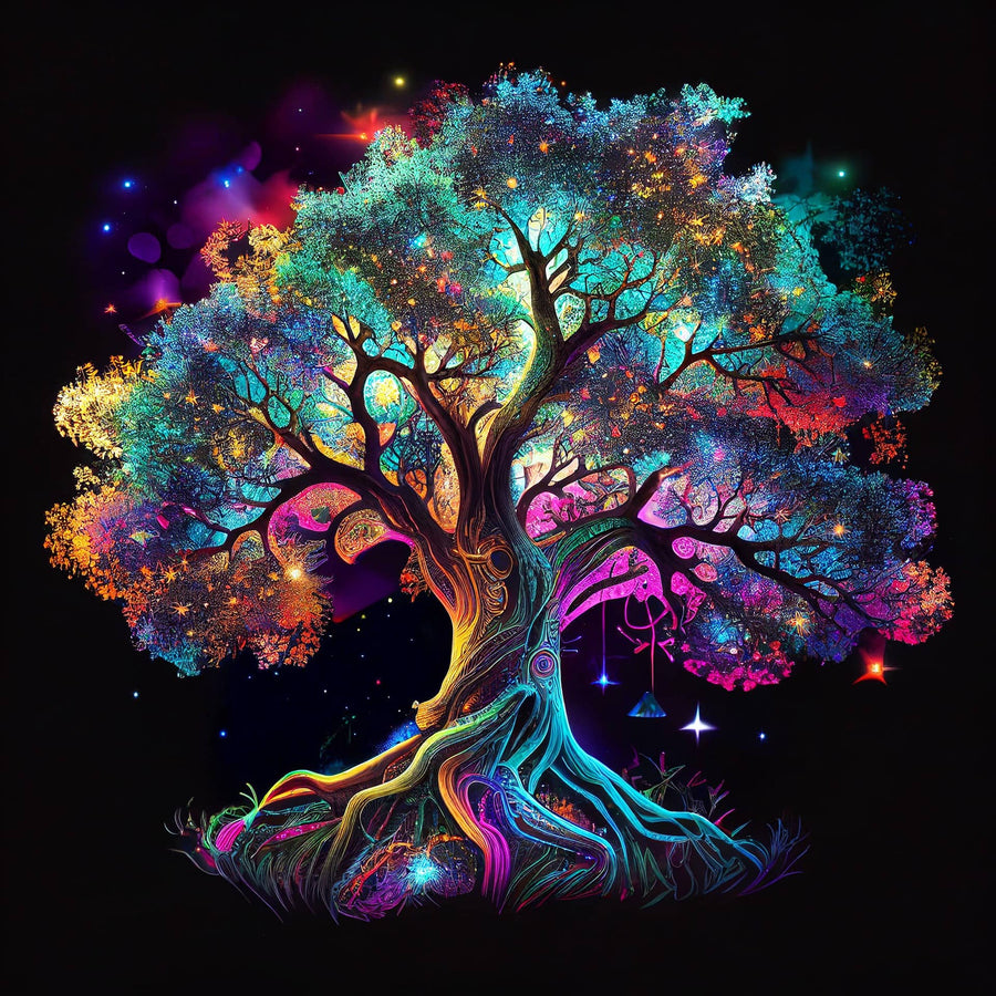 Vibrantly colored fantasy tree illustration with glowing branches and roots against a dark background.