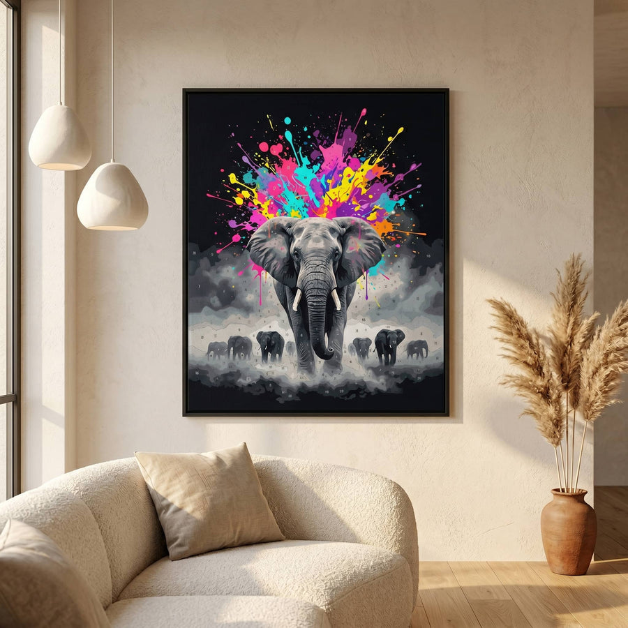 Modern home decor with a framed elephant artwork and a splash of colorful paint.