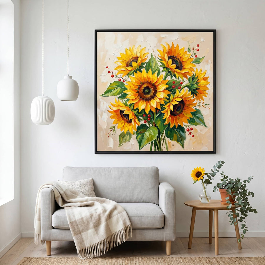 Vibrant sunflower painting in modern living room decor with white walls, cozy gray sofa, and indoor plant.