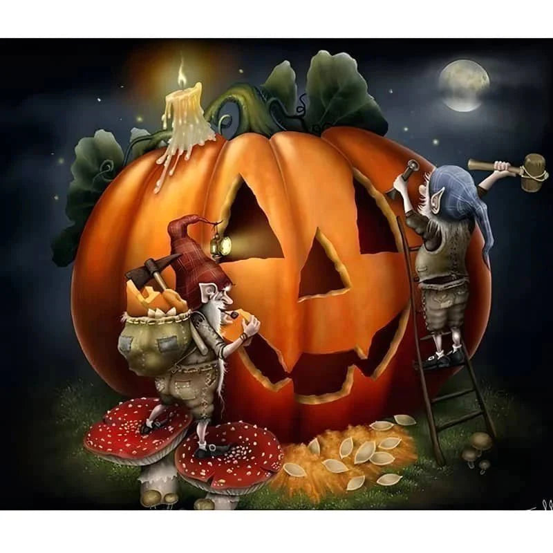 Two elves carving a giant pumpkin jack-o'-lantern under a full moon, with one elf standing on mushrooms and the other on a ladder