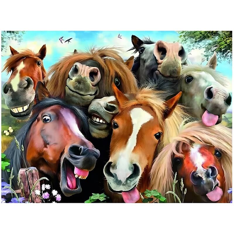 Playful group of horses with silly expressions in a vibrant meadow scene, perfect for kids' room decoration.