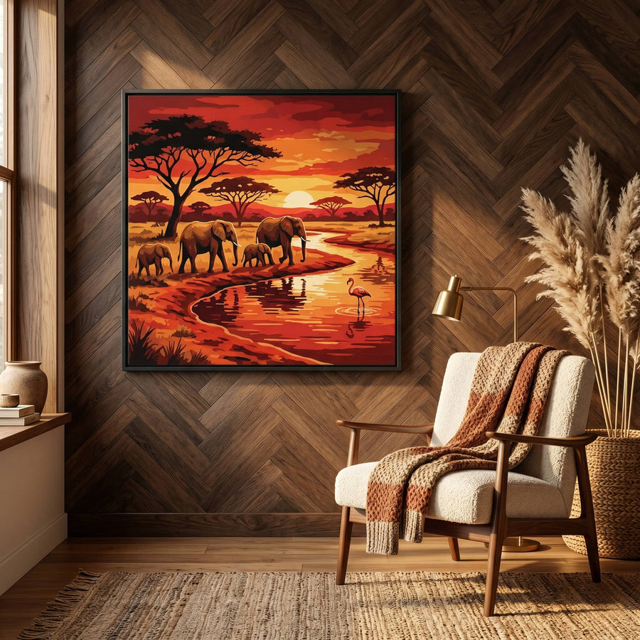Elephant sunset landscape painting on dark wood wall, with white modern chair and plant in living room setting.