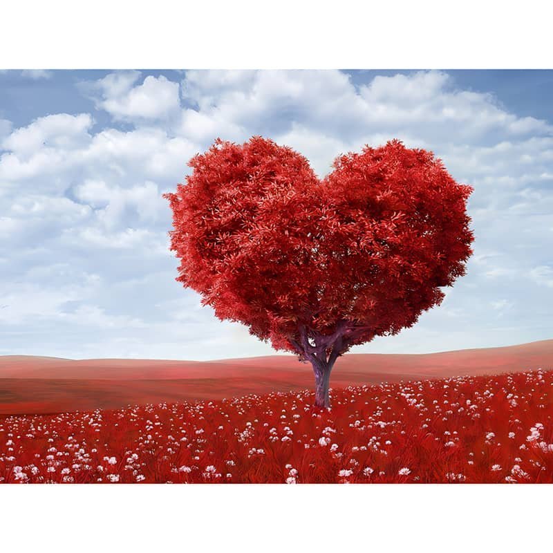 Heart-shaped red tree in a field of flowers under a blue sky.