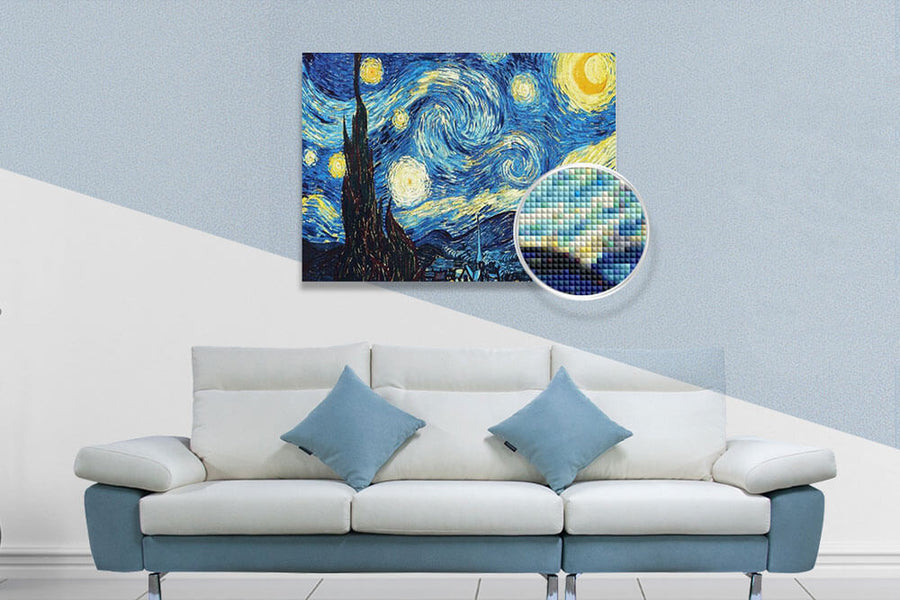 Living room with Diamond Painting of Van Gogh's Starry Night above a white sofa.