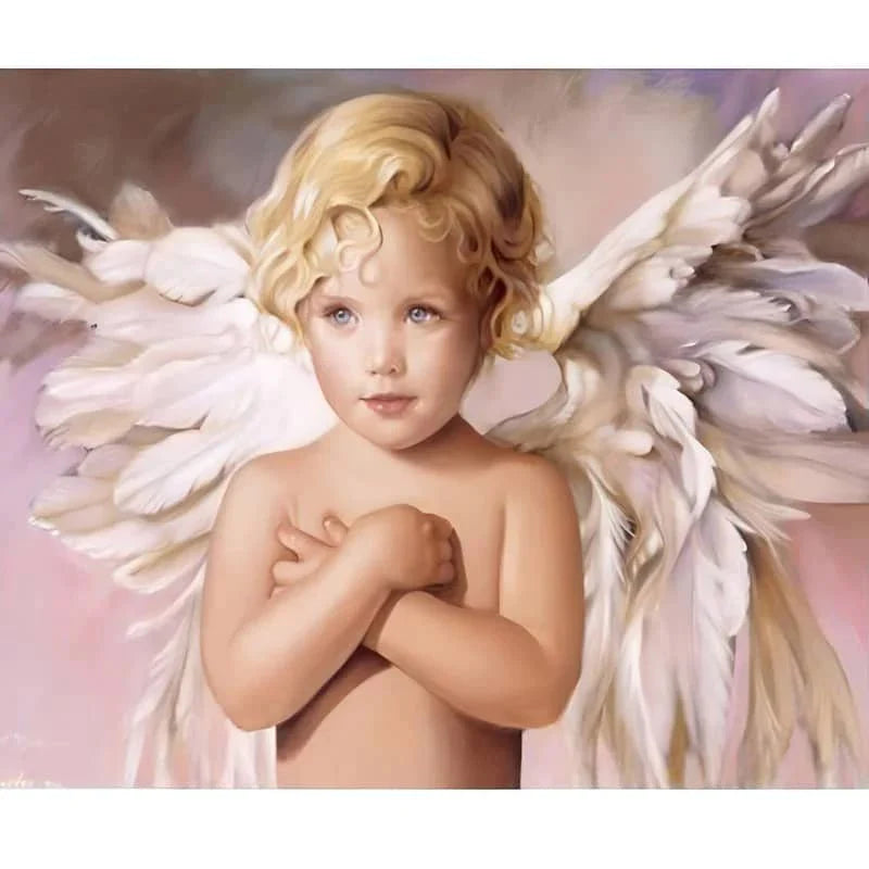 Painting of a cherubic child angel with blonde curls and white wings, crossing arms over chest against a soft pink and white background.