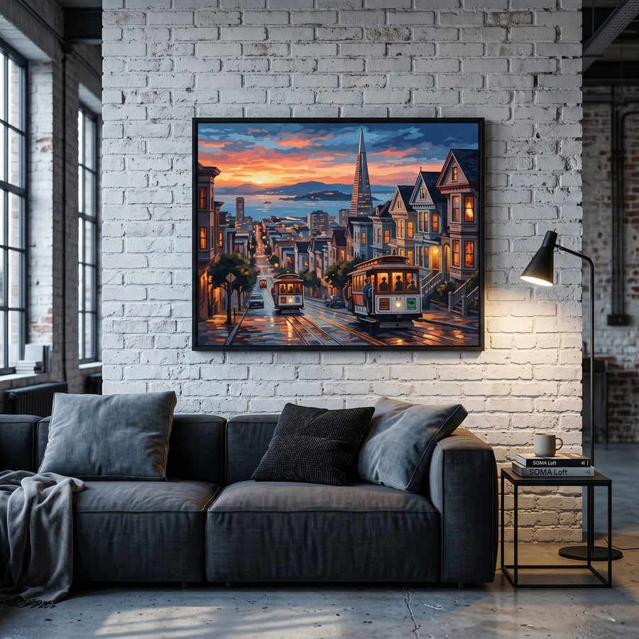 Modern living room with grey sofa set and cityscape painting on white brick wall