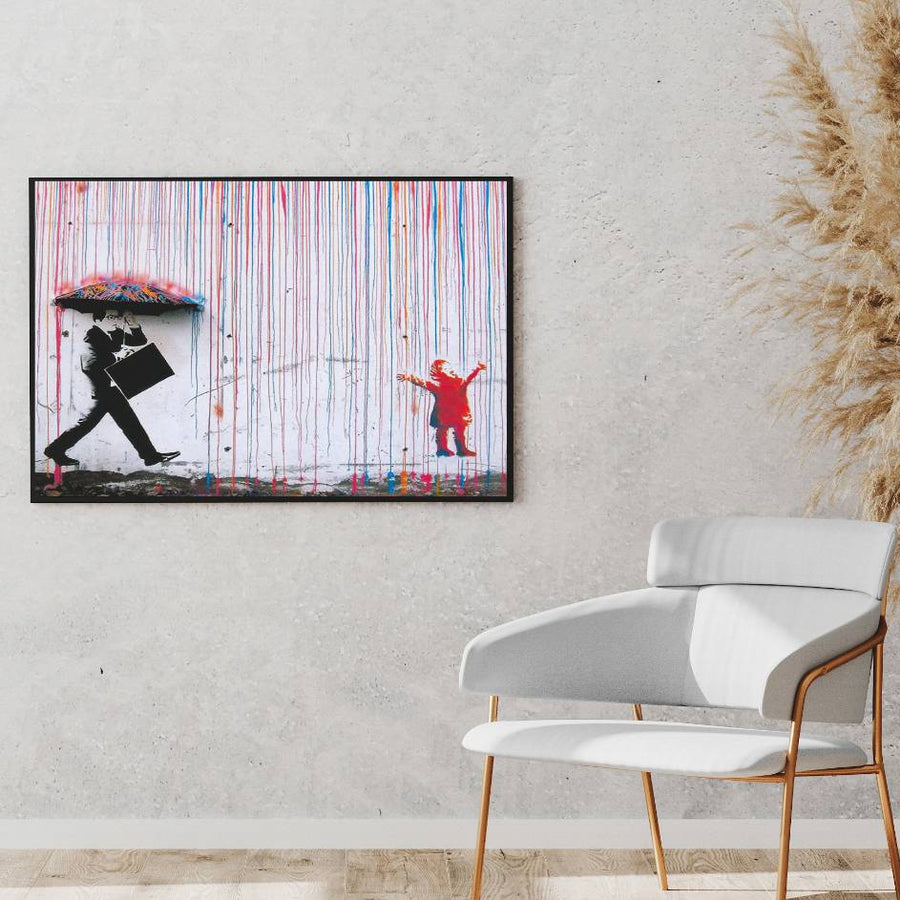 Street art painting of a man with an umbrella and a child on a wall background, displayed in a modern living room.