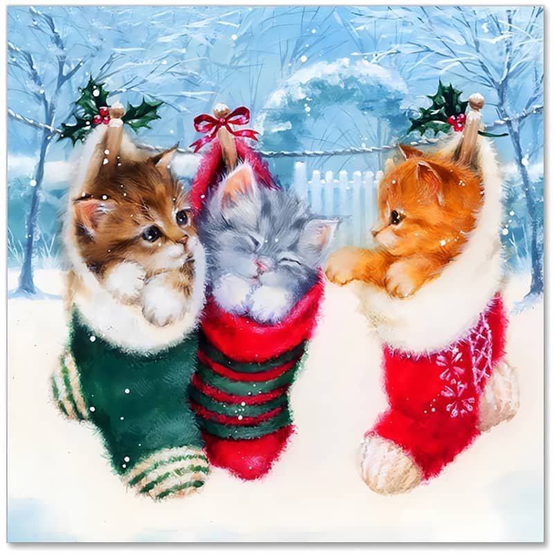 Three kittens in Christmas stockings hanging from snow-covered tree branches with festive decorations.