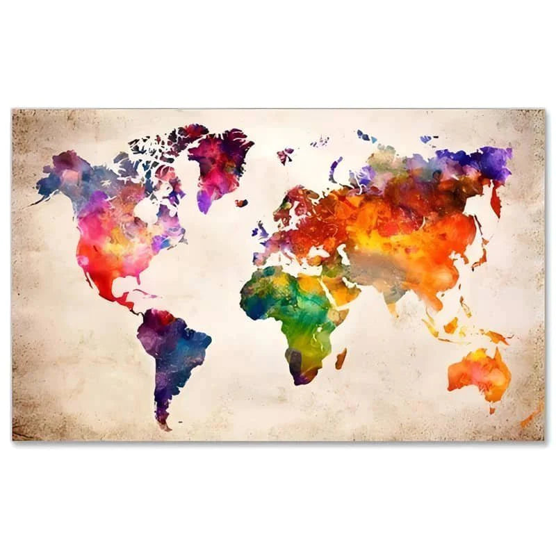 Colorful watercolor world map print on textured canvas background