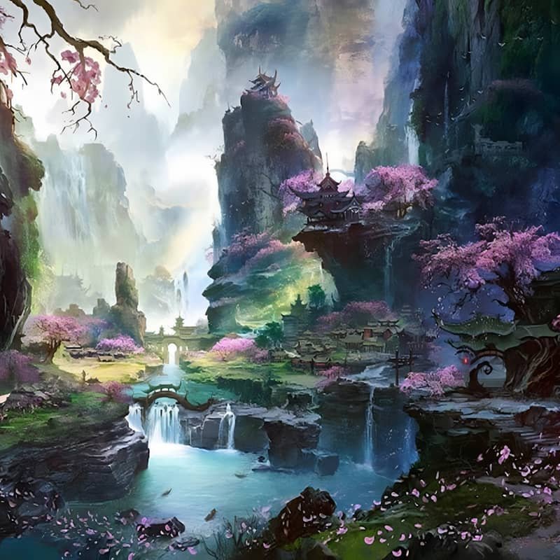 Enchanted fantasy landscape with vibrant cherry blossom trees, mystic waterfalls, and ancient temples in the Magic World collection.