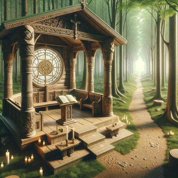Paint by Numbers - Secrets of the Forest Sanctuary, a serene clearing with carved wooden structure, stained glass window, and candles in a lush forest
