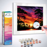 Paint by Numbers kit - Evening Glow in the Secret Forest with scarlet and purple sky, majestic trees, and still waters.