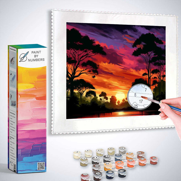 Paint by Numbers kit - Evening Glow in the Secret Forest with scarlet and purple sky, majestic trees, and still waters.