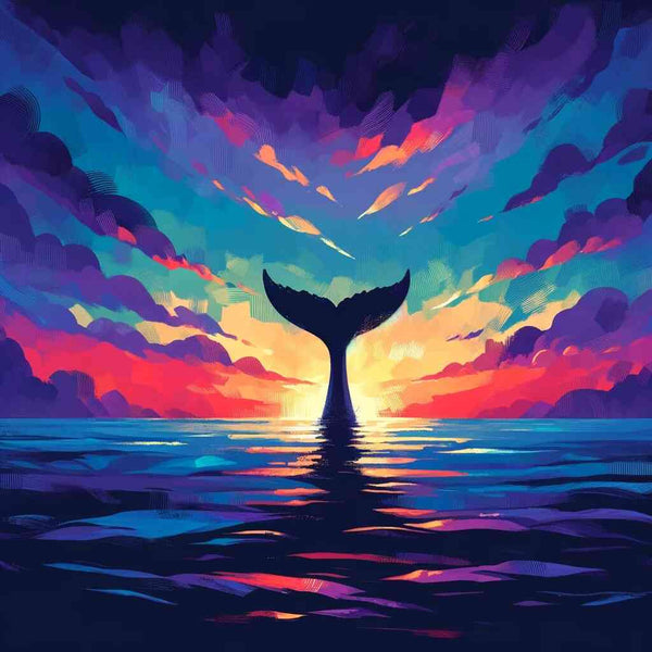 Paint by Numbers "Colors of the Ocean Dream" featuring a whale fluke at sunset with a dramatic purple, azure, and pink sky.