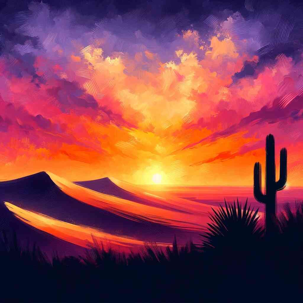 Paint by Numbers kit depicting a vibrant desert sunset with warm reds, oranges, purples, and silhouetted cacti.