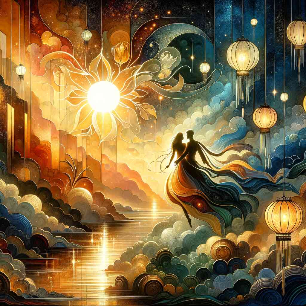 Paint by Numbers - Cosmic Elegance image of a couple dancing in a cosmic landscape, surrounded by stars and lanterns with golden and azure hues.