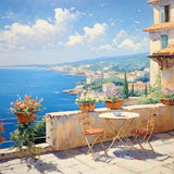 Paint by Numbers Mediterranean Reverie, idyllic terrace with flowers overlooking coastal view and vibrant sea, capturing warmth and serenity