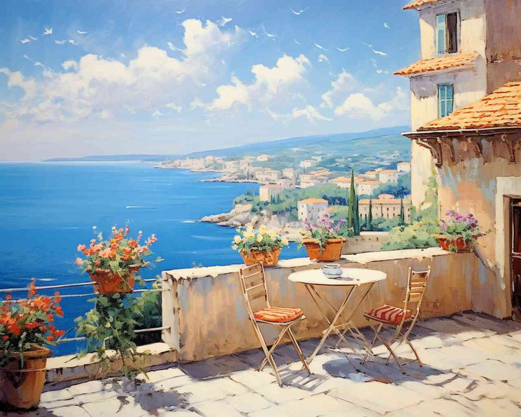 Paint by Numbers Mediterranean Reverie, idyllic terrace with flowers overlooking coastal view and vibrant sea, capturing warmth and serenity