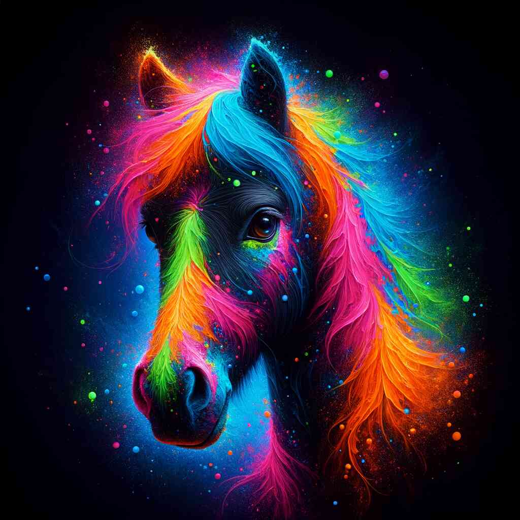 Paint by Numbers - Neon-colored horse playing in the cosmic depths with vivid blues, passionate pinks, dynamic greens, and sparkling stars.