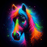 Paint by Numbers - Neon-colored horse playing in the cosmic depths with vivid blues, passionate pinks, dynamic greens, and sparkling stars.