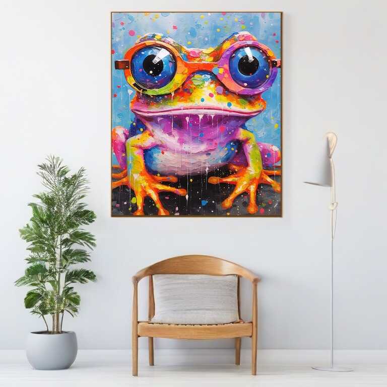 Paint by Numbers Colorful frog with goggle eyes, vibrant art piece, playful cartoon style, frog in glasses with bright drops of color background.