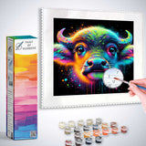 Paint by Numbers kit featuring a vibrant, surreal painting of a mystical creature with neon colors and splashing inks.