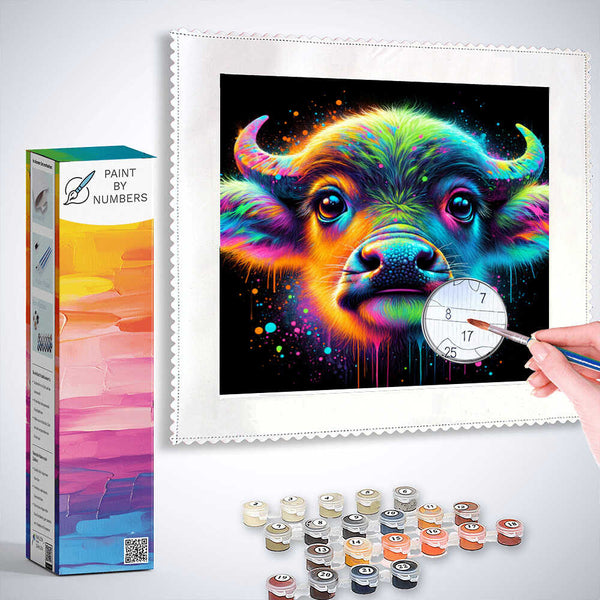 Paint by Numbers kit featuring a vibrant, surreal painting of a mystical creature with neon colors and splashing inks.