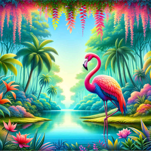 Paint by Numbers Flamingo Paradise with lush greens, pink flowers, and a tranquil lake in a vibrant jungle setting.