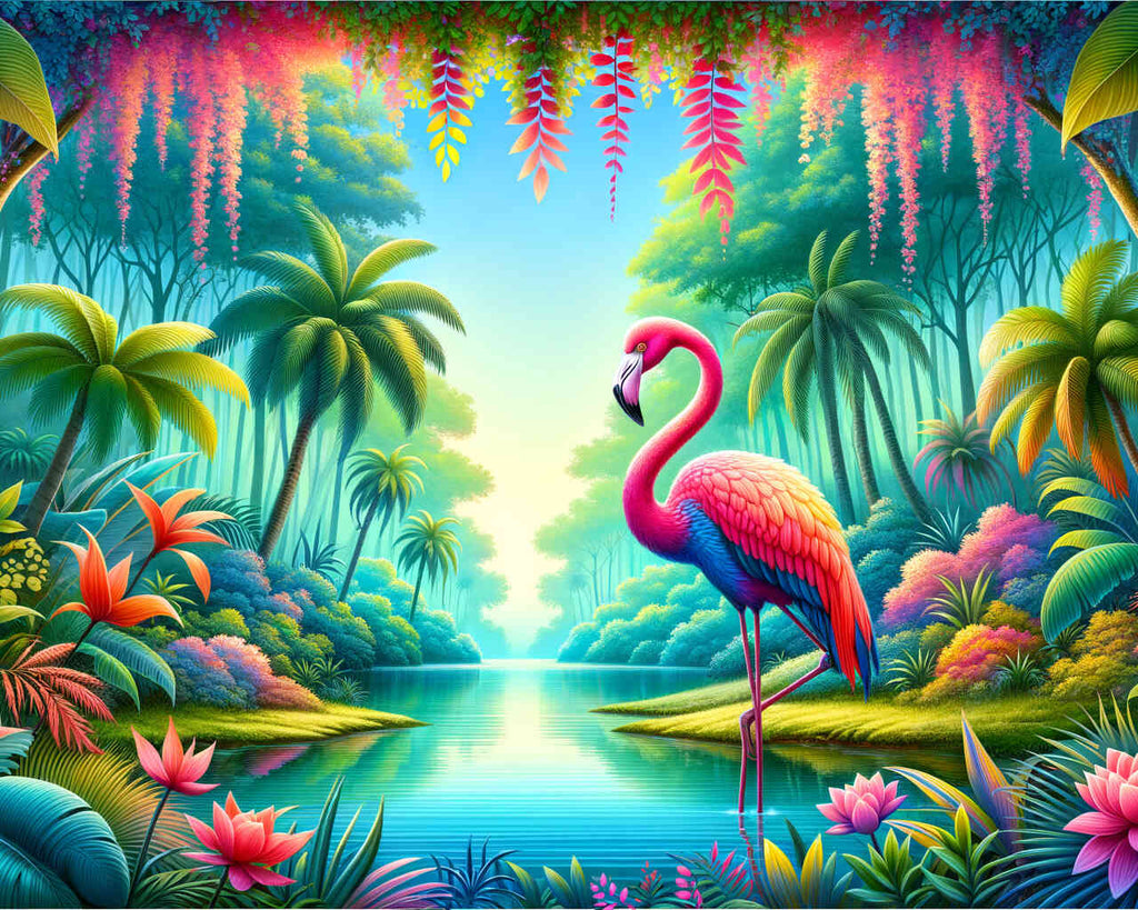 Paint by Numbers Flamingo Paradise with lush greens, pink flowers, and a tranquil lake in a vibrant jungle setting.