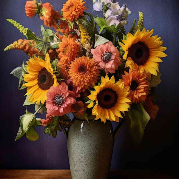 Paint by Numbers - Summer shine art featuring sunflowers and bright orange flowers in a vase against a dark blue background for a vibrant summer atmosphere
