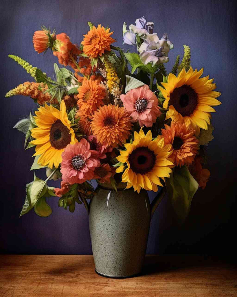 Paint by Numbers - Summer shine art featuring sunflowers and bright orange flowers in a vase against a dark blue background for a vibrant summer atmosphere