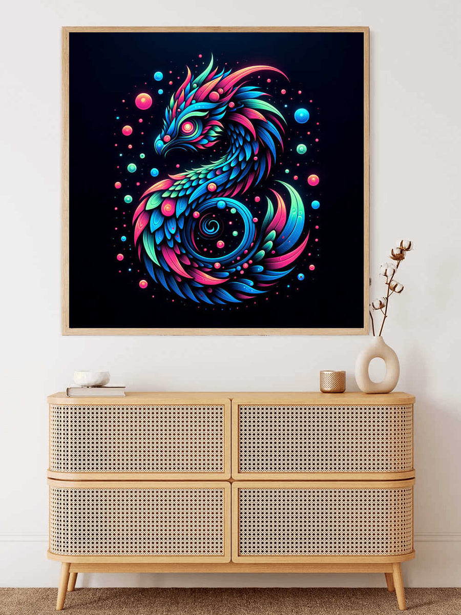 Paint by Numbers - Cosmic Phoenix in neon colors against a black background, depicting an abstract fantasy creature with curved lines and a color gradient.