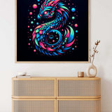 Paint by Numbers - Cosmic Phoenix in neon colors against a black background, depicting an abstract fantasy creature with curved lines and a color gradient.