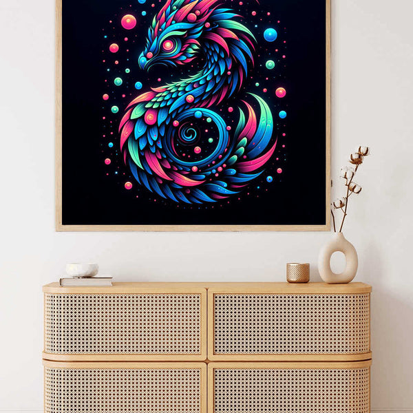 Paint by Numbers - Cosmic Phoenix in neon colors against a black background, depicting an abstract fantasy creature with curved lines and a color gradient.