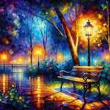 AB Diamond Painting - Light show with bench scene, vibrant colors, paint by numbers art kit.