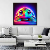 Paint by Numbers - Neon Daydreaming turtle artwork in a modern living room with vibrant neon colors and surreal fantasy elements.