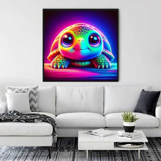 Paint by Numbers - Neon Daydreaming turtle artwork in a modern living room with vibrant neon colors and surreal fantasy elements.