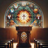 Stained glass window behind the church altar with vibrant colors and religious symbols.