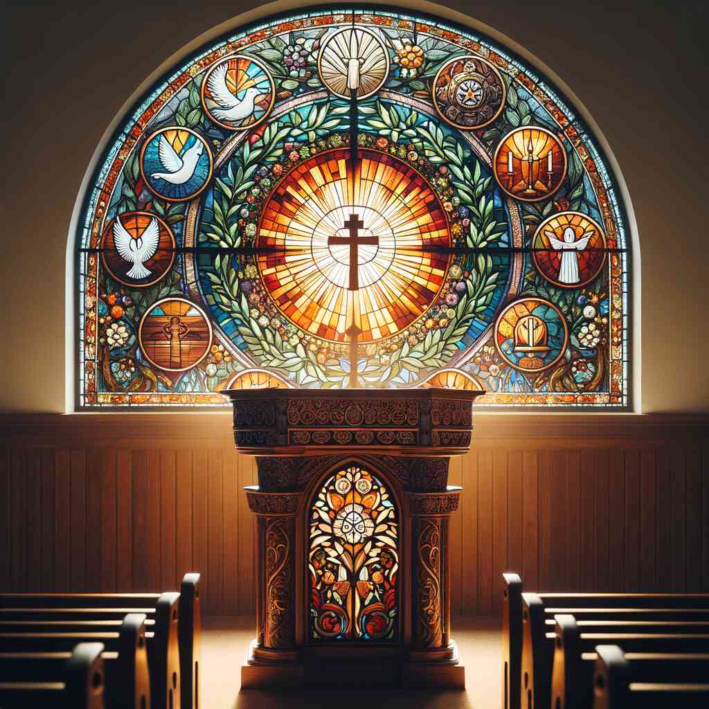 Stained glass window behind the church altar with vibrant colors and religious symbols.