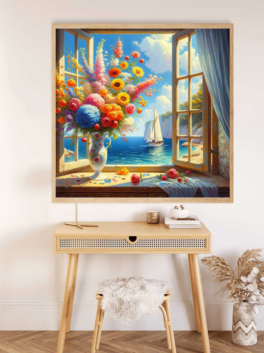 Paint by Numbers - Open window revealing Mediterranean sailboat, cliffs, pastel bouquet, evoking freedom and peace in realistic style