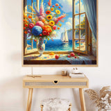 Paint by Numbers - Open window revealing Mediterranean sailboat, cliffs, pastel bouquet, evoking freedom and peace in realistic style