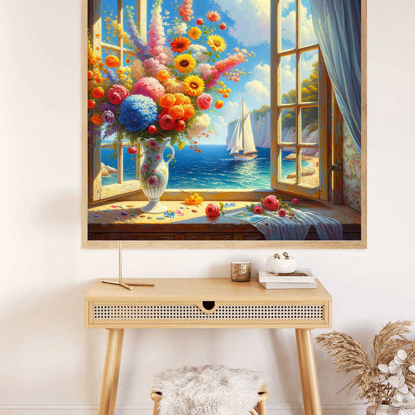 Paint by Numbers - Open window revealing Mediterranean sailboat, cliffs, pastel bouquet, evoking freedom and peace in realistic style