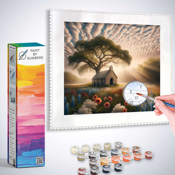 Paint by Numbers kit "Lights of Silence" featuring a serene chapel scene with sunlight, oak tree, and delicate blossoms