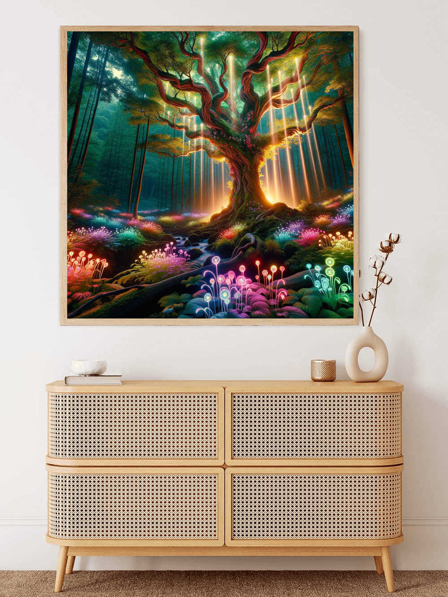 Paint by Numbers - Mysterious Glow in the Enchanted Forest with vibrant colors and light effects, evoking wonder and enchantment.