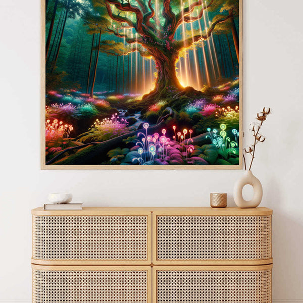 Paint by Numbers - Mysterious Glow in the Enchanted Forest with vibrant colors and light effects, evoking wonder and enchantment.