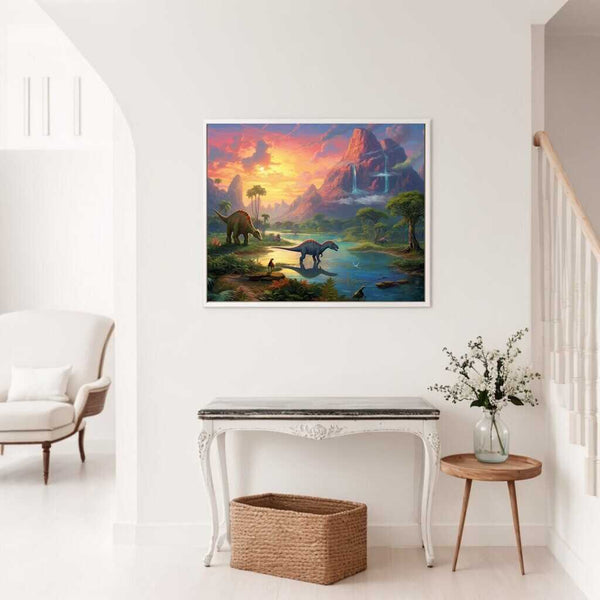 Paint by Numbers - Echoes of the Prehistoric Age, Dino Valley painting displayed in a modern, white living room.