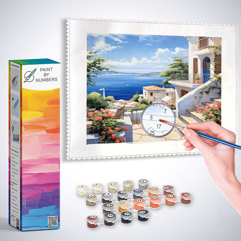 Paint by Numbers Mediterranean Dream kit with hand painting detailed seaside buildings and vibrant colors, including pink bougainvilleas.
