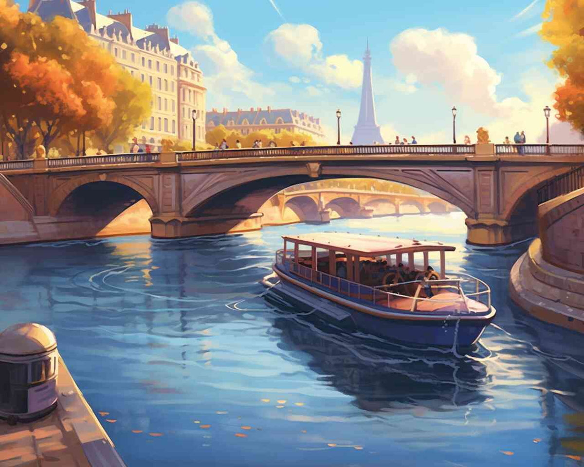 Paint by Numbers Parisian autumn scene with boat gliding under historic bridge, Eiffel Tower in background, and golden trees along the Seine.