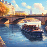 Paint by Numbers Parisian autumn scene with boat gliding under historic bridge, Eiffel Tower in background, and golden trees along the Seine.