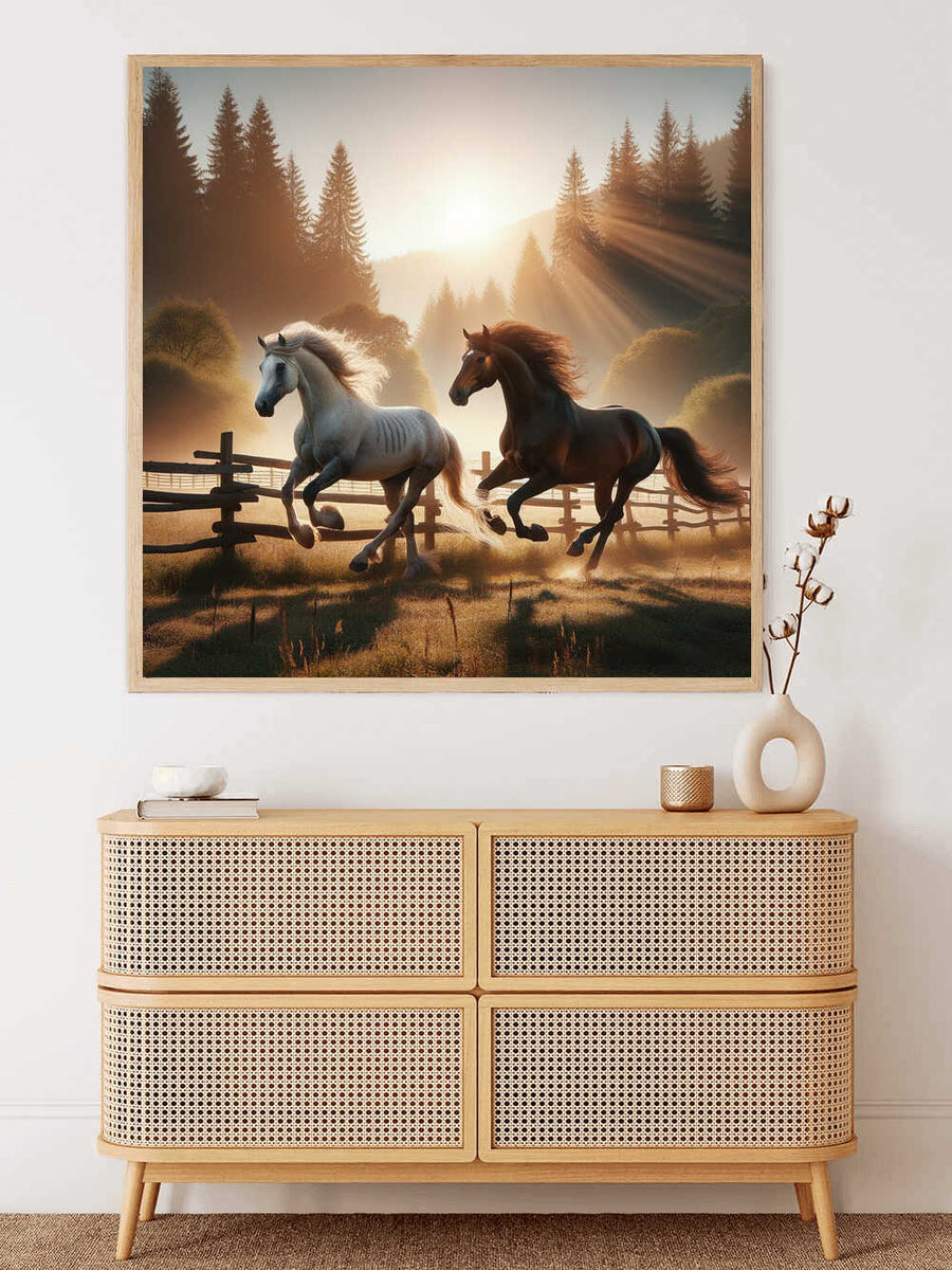 Paint by Numbers - Freedom of Two Horses galloping at dawn with bright colors and moving shadows, expressing peace and harmony with nature.
